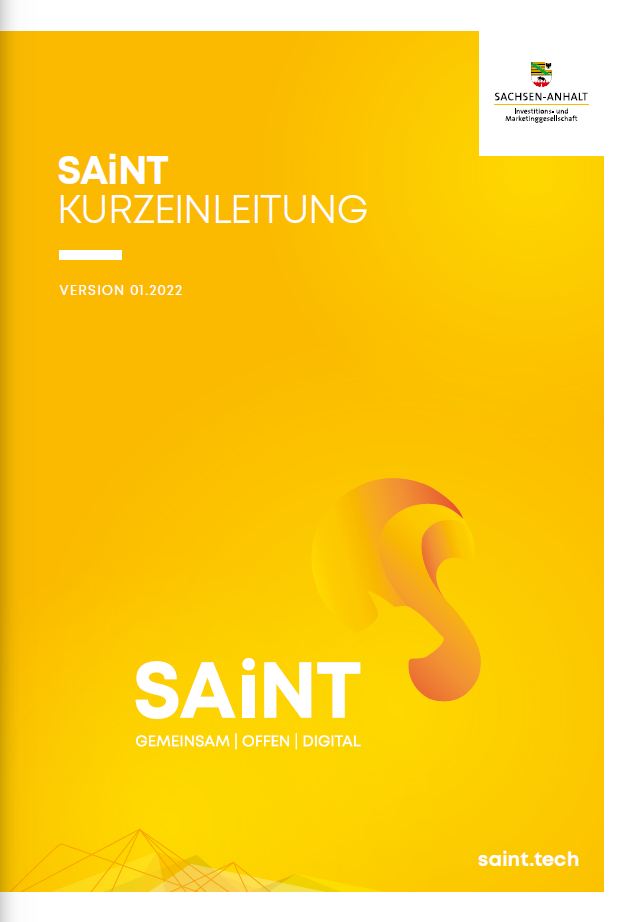 Gelbe Umschlagseite mit dem Titel SAiNT Kurzanleitung und einem stilisierten Eichhörnchen als Logo